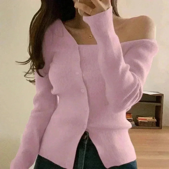 Pink Casual Womens Solid Asymmetrical Neck Button Through Ribbed Knit Cardigan - Picture 1 of 4